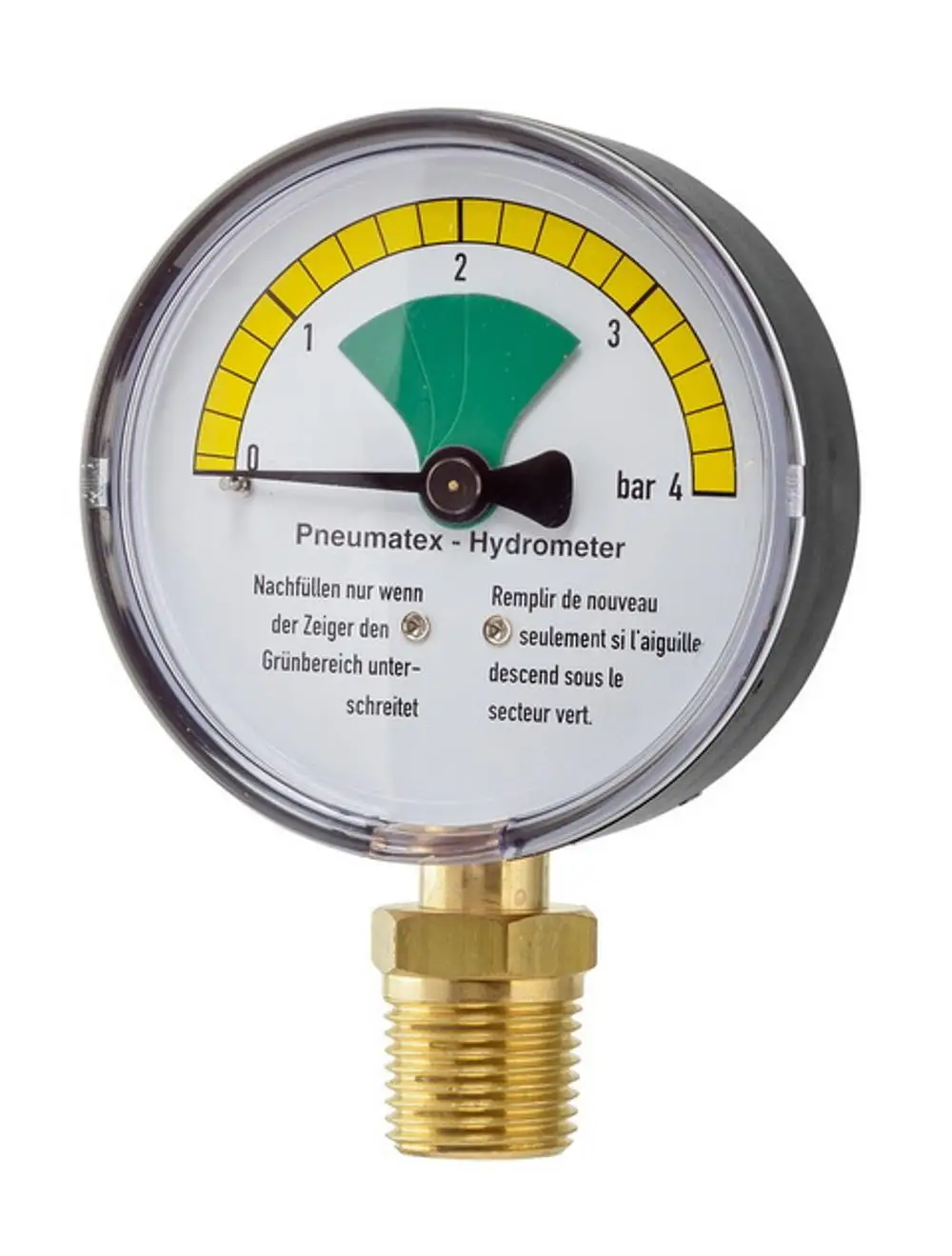 Zeigeranzeige eines Druckmessgeräts von IMI Hydronic Engineering mit Skala von 0 bis 4 bar. Grüne und gelbe Bereiche zur Druckbewertung sichtbar.